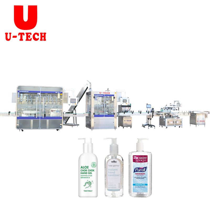 Hand Sanitizer In-line Filling Production Line Trigger Pump Capping Round Bottle Labeling Machines